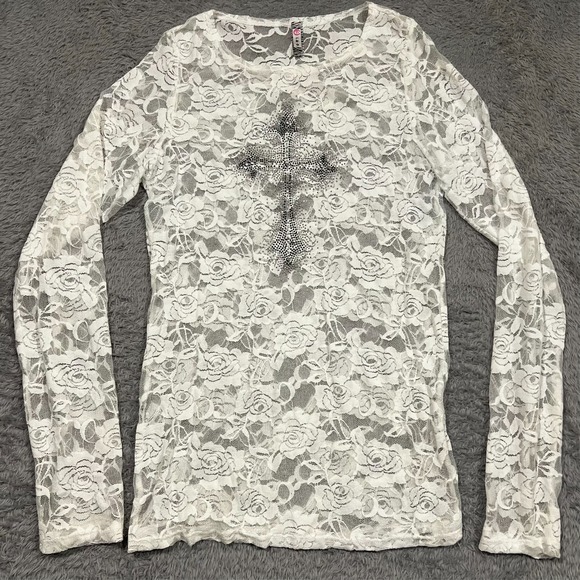 Lucky and Blessed Floral Sheer Lace Rhinestone Top Women's L White Cross Bling - Picture 1 of 13